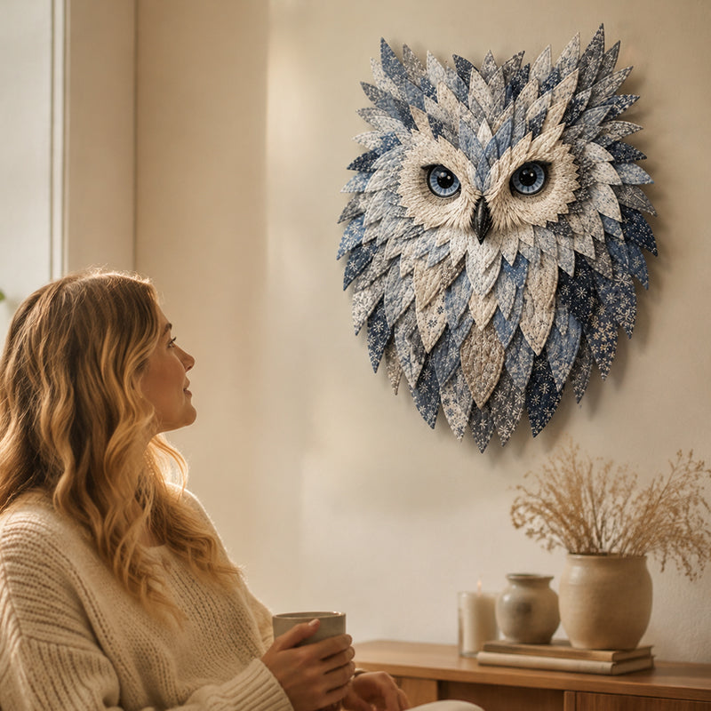🦉 Patchwork‑Style Owl Wall Hanging, Rustic Woodland Cottage Wall Decor