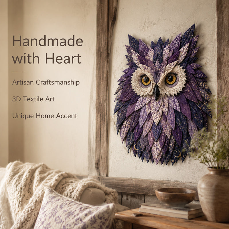 🦉 Patchwork‑Style Owl Wall Hanging, Rustic Woodland Cottage Wall Decor