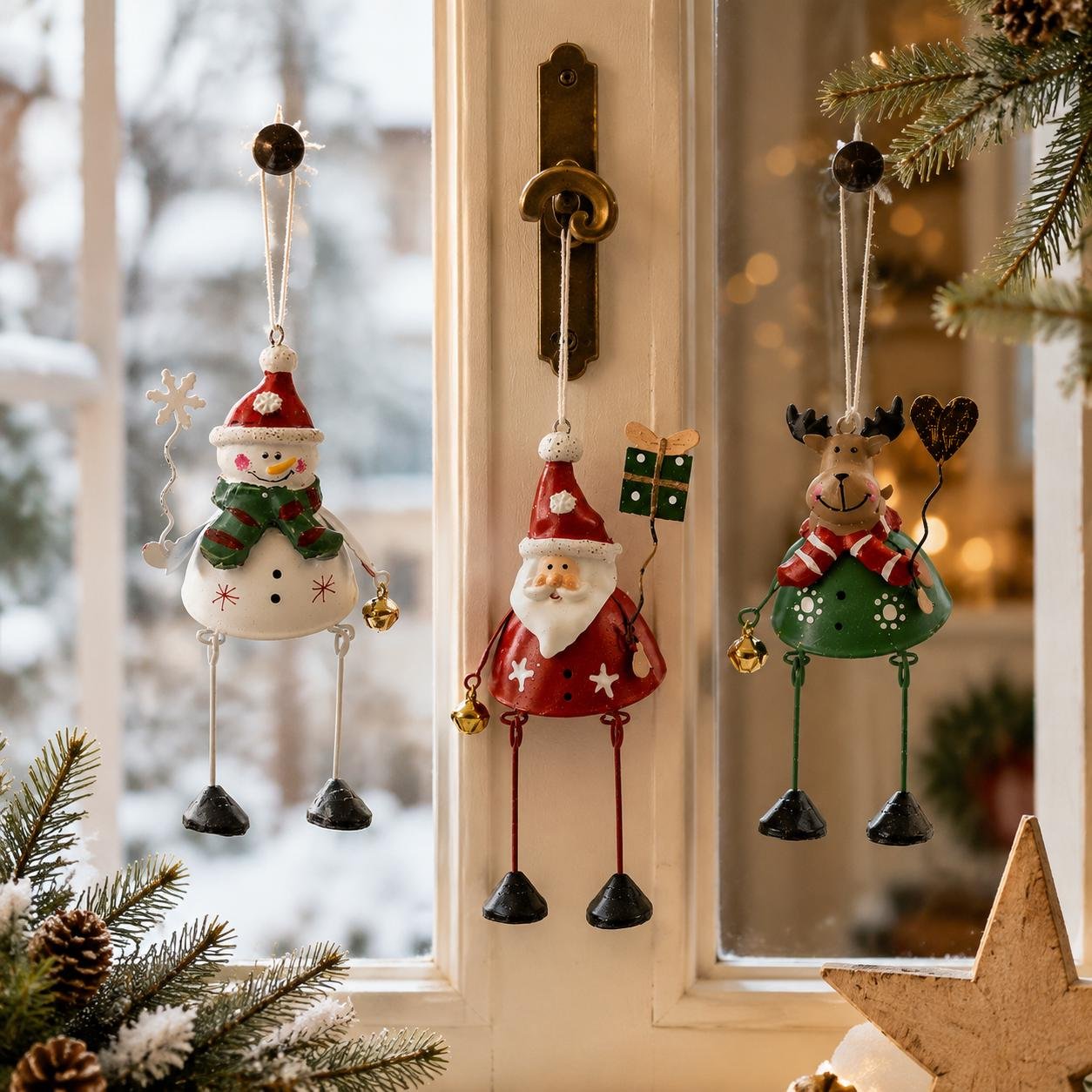 🌲✨ Håndmalte julefigurer med dinglende ben