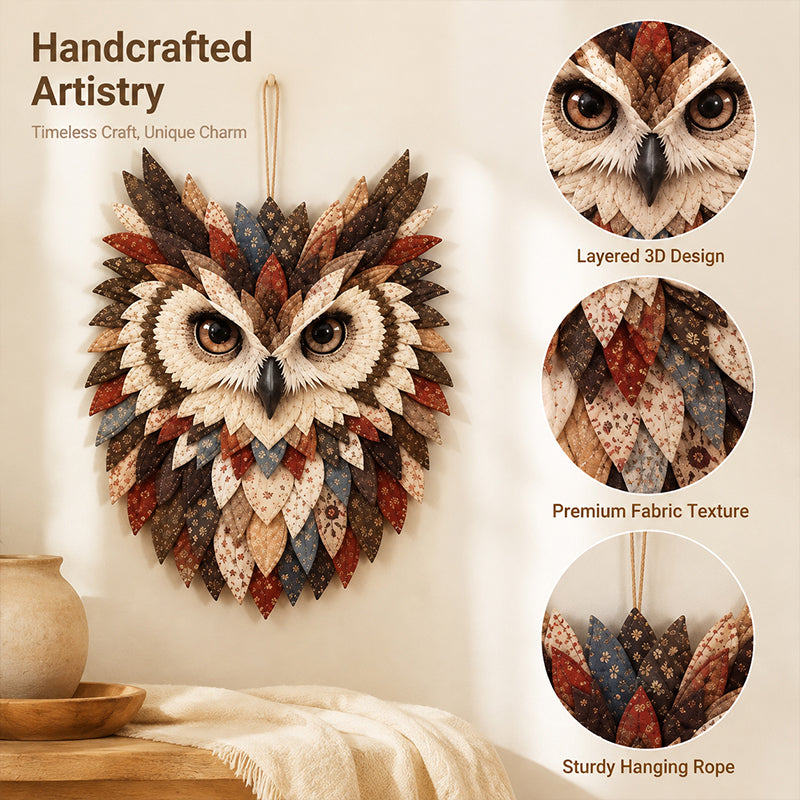 🦉 Patchwork‑Style Owl Wall Hanging, Rustic Woodland Cottage Wall Decor