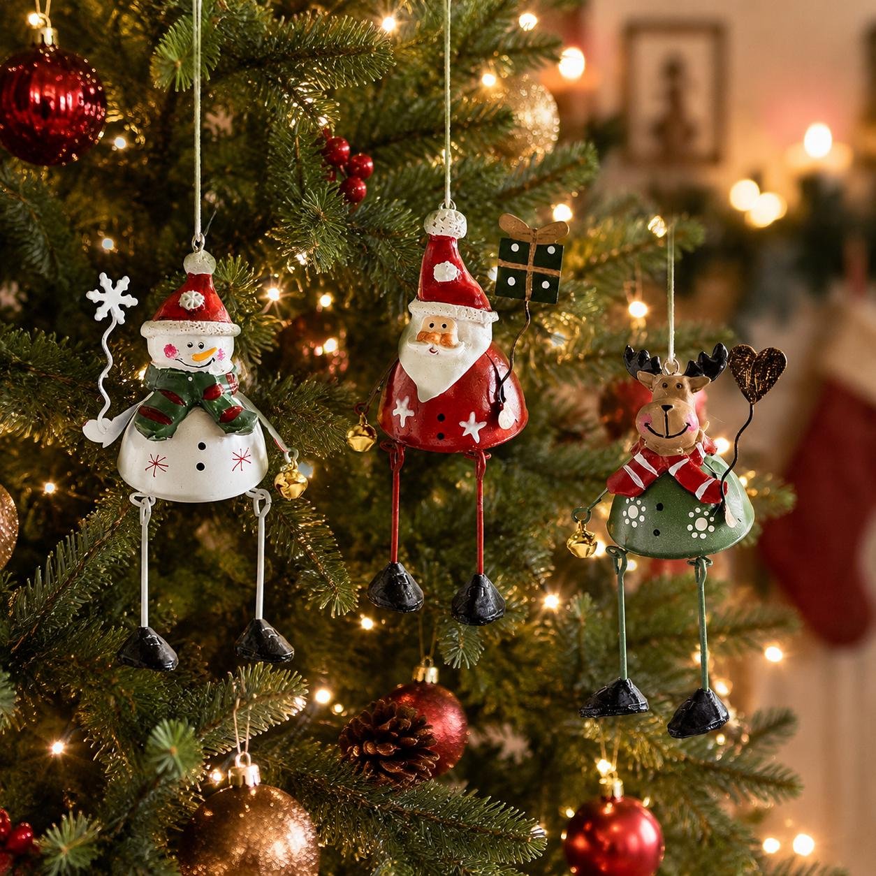 🌲✨ Håndmalte julefigurer med dinglende ben