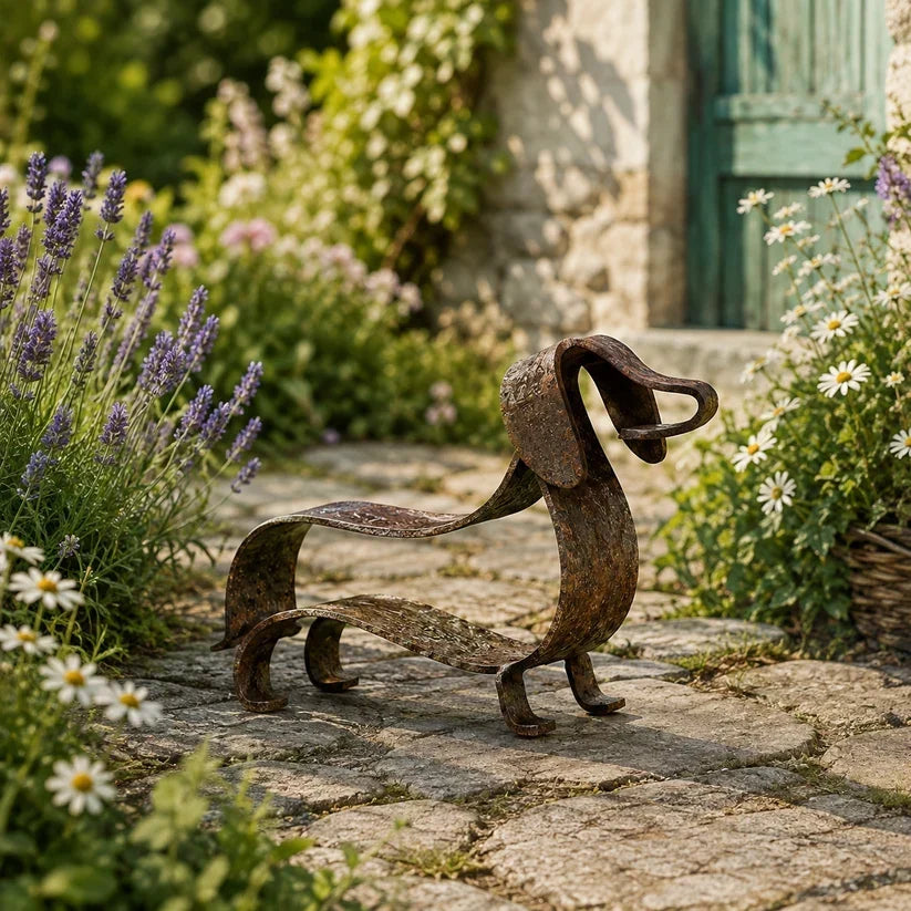 Rustikk metallskulptur av dachshund
