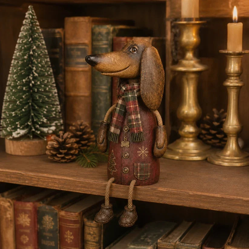 🏡 Vintage juledekorasjon med dachshund til hyllekant
