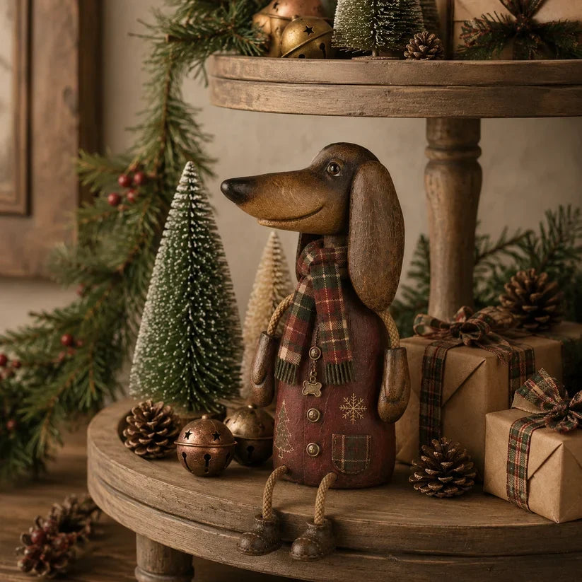 🏡 Vintage juledekorasjon med dachshund til hyllekant