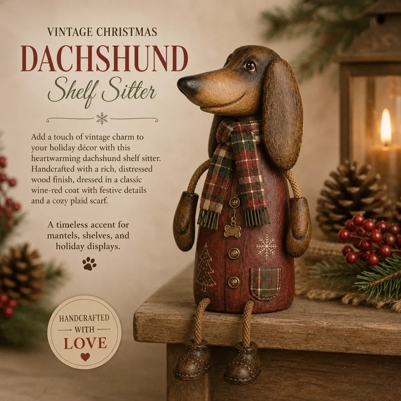 🏡 Vintage juledekorasjon med dachshund til hyllekant