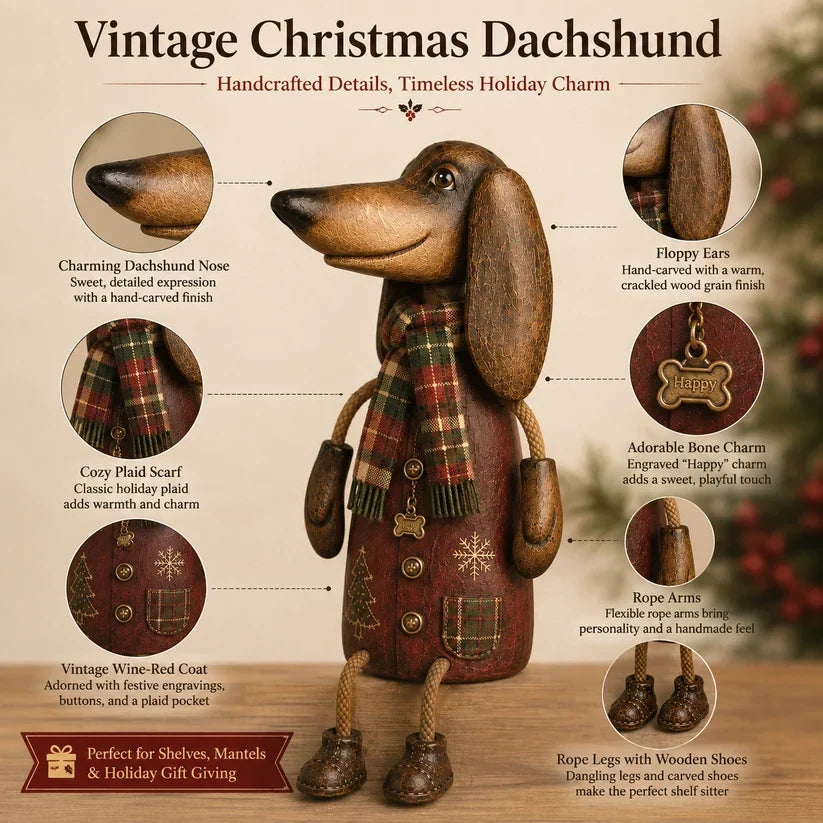 🏡 Vintage juledekorasjon med dachshund til hyllekant